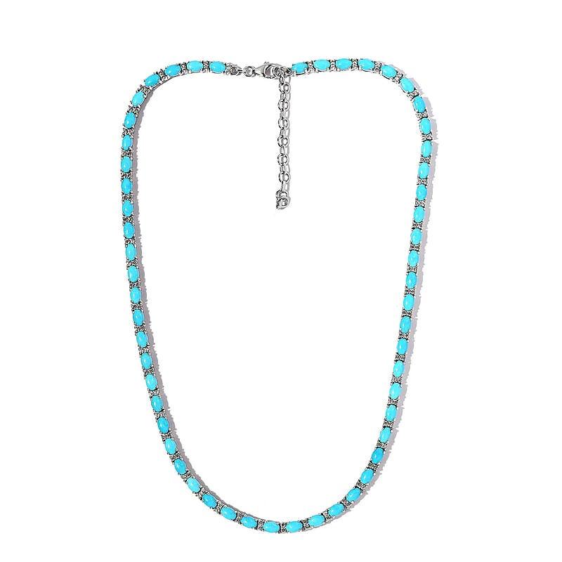 Premium Sleeping Beauty Turquoise and White Zircon Tennis Necklace 18 Inches in Platinum Over Sterling Silver 27.60 ctw