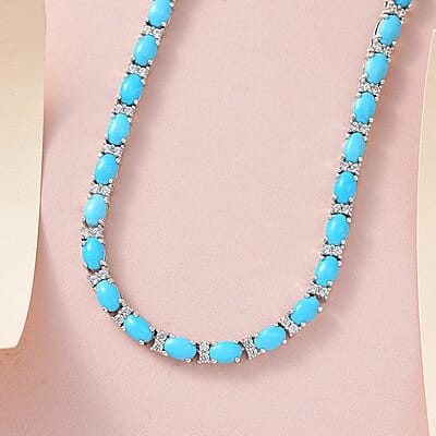 Premium Sleeping Beauty Turquoise and White Zircon Tennis Necklace 18 Inches in Platinum Over Sterling Silver 27.60 ctw