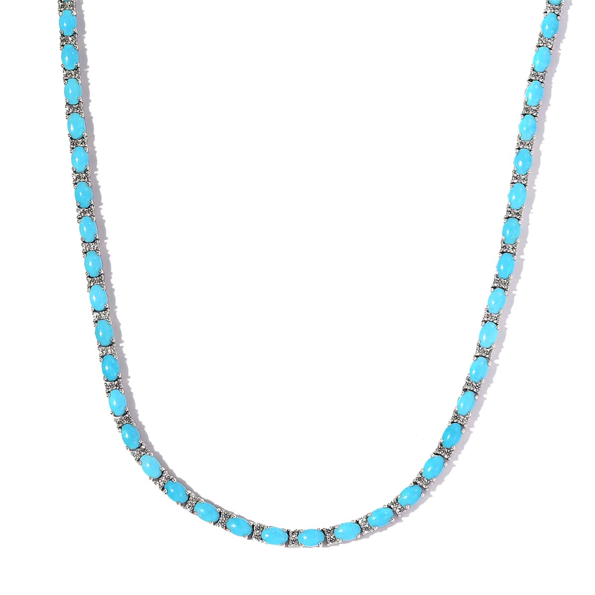 Premium Sleeping Beauty Turquoise and White Zircon Tennis Necklace 18 Inches in Platinum Over Sterling Silver 27.60 ctw image number 3