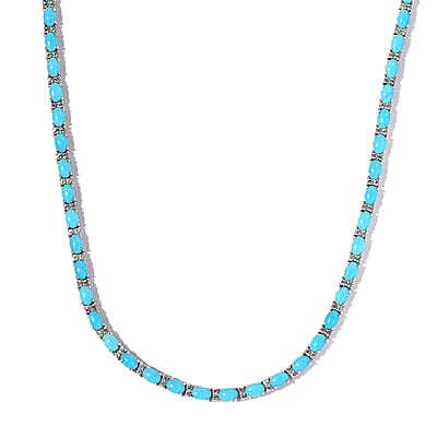 Premium Sleeping Beauty Turquoise and White Zircon Tennis Necklace 18 Inches in Platinum Over Sterling Silver 27.60 ctw