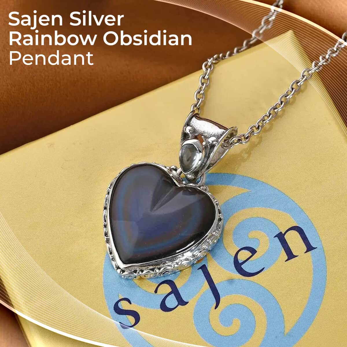 Sajen Silver Rainbow Obsidian Pendant, Blue Topaz Accent Pendant, Heart Pendant, Sterling Silver Pendant 13.60 ctw image number 1