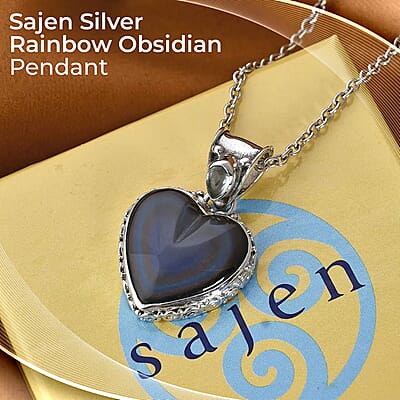 Sajen Silver Rainbow Obsidian Pendant, Blue Topaz Accent Pendant, Heart Pendant, Sterling Silver Pendant 13.60 ctw