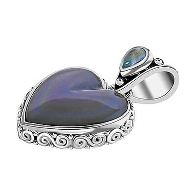 Sajen Silver Rainbow Obsidian Pendant, Blue Topaz Accent Pendant, Heart Pendant, Sterling Silver Pendant 13.60 ctw