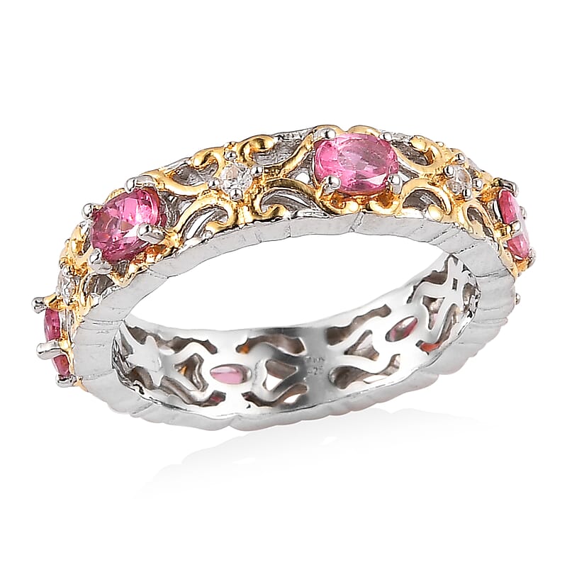 Premium Ouro Fino Rubellite and White Zircon Band Ring in Vermeil YG and Platinum Over Sterling Silver (Size 10.0) 1.00 ctw