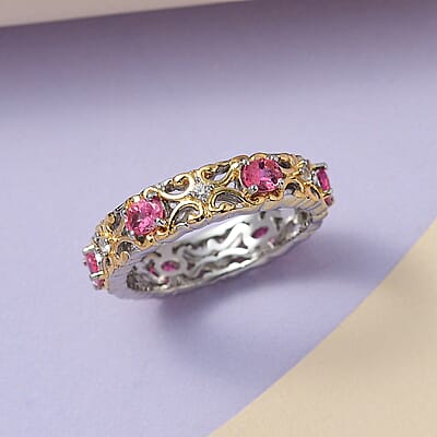 Premium Ouro Fino Rubellite and White Zircon Band Ring in Vermeil YG and Platinum Over Sterling Silver (Size 10.0) 1.00 ctw