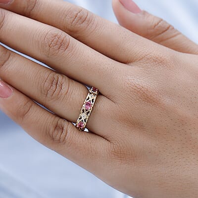Premium Ouro Fino Rubellite and White Zircon Band Ring in Vermeil YG and Platinum Over Sterling Silver (Size 10.0) 1.00 ctw