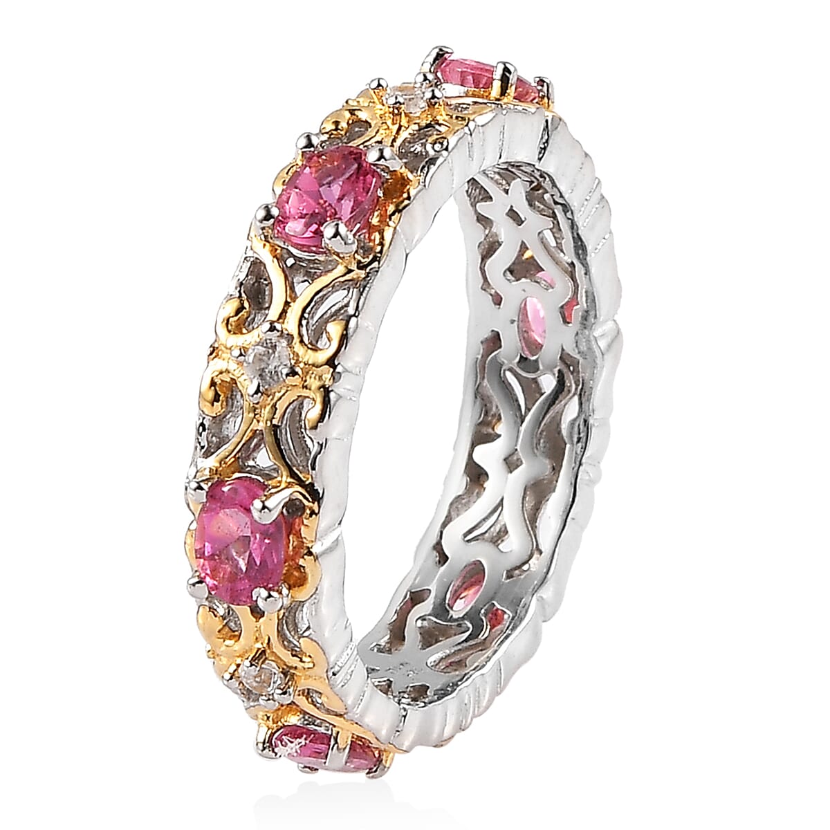 Premium Ouro Fino Rubellite and White Zircon Band Ring in Vermeil YG and Platinum Over Sterling Silver (Size 10.0) 1.00 ctw