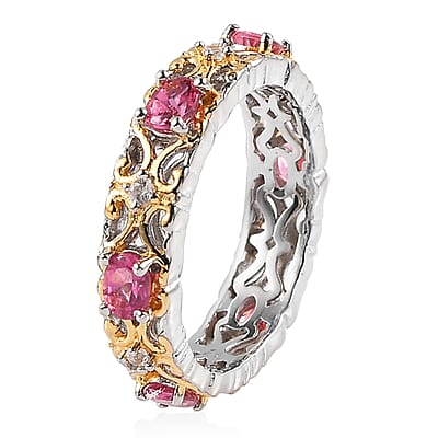 Premium Ouro Fino Rubellite and White Zircon Band Ring in Vermeil YG and Platinum Over Sterling Silver (Size 10.0) 1.00 ctw