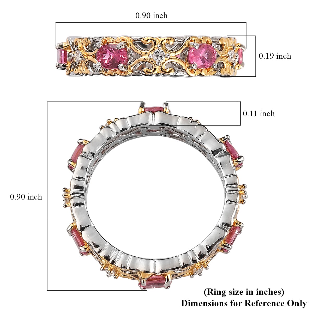 Premium Ouro Fino Rubellite and White Zircon Band Ring in Vermeil YG and Platinum Over Sterling Silver (Size 10.0) 1.00 ctw