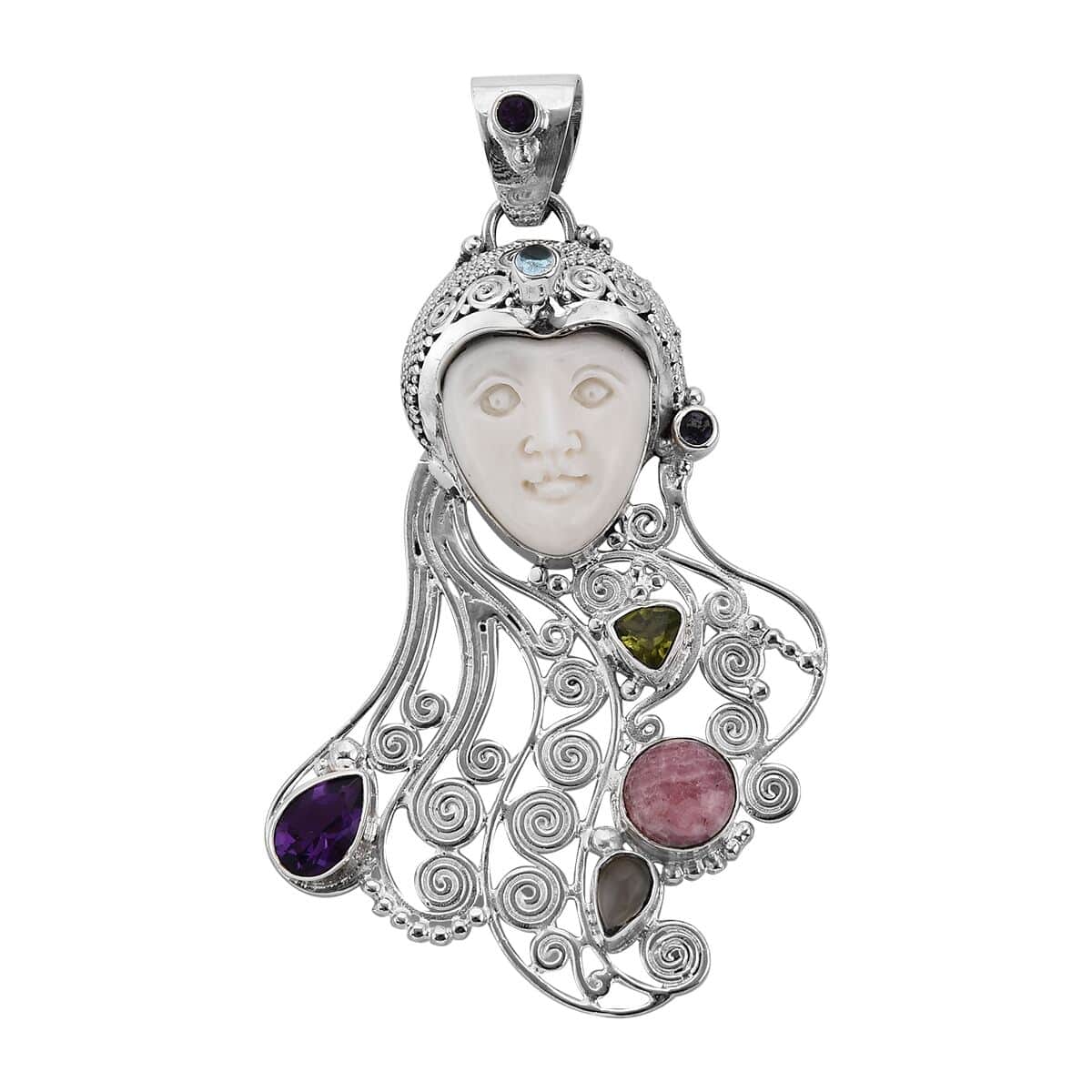 Sajen Silver Carved Bone and Multi Gemstone Pendant in Platinum Over Sterling Silver 4.85 ctw image number 0