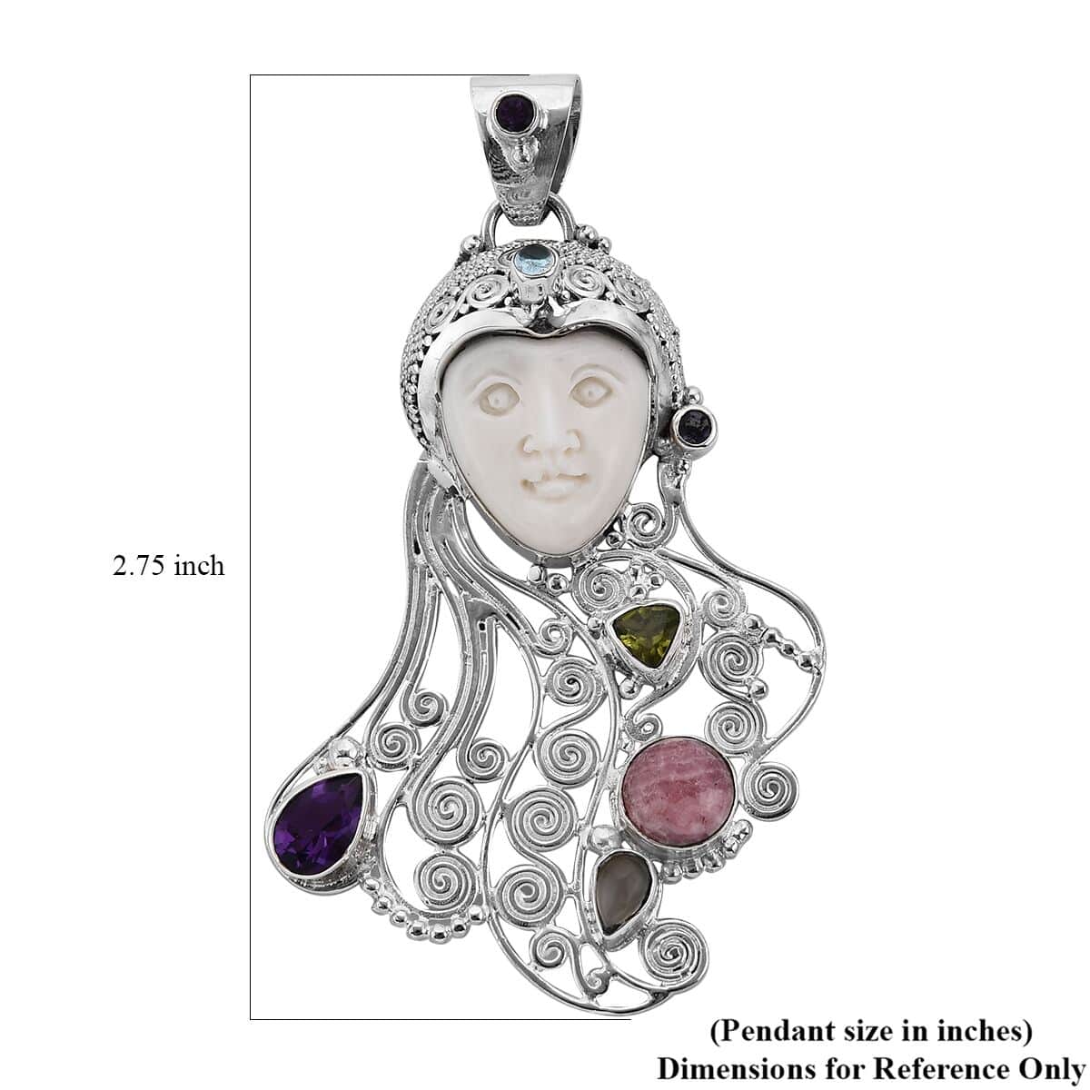 Sajen Silver Carved Bone and Multi Gemstone Pendant in Platinum Over Sterling Silver 4.85 ctw image number 5