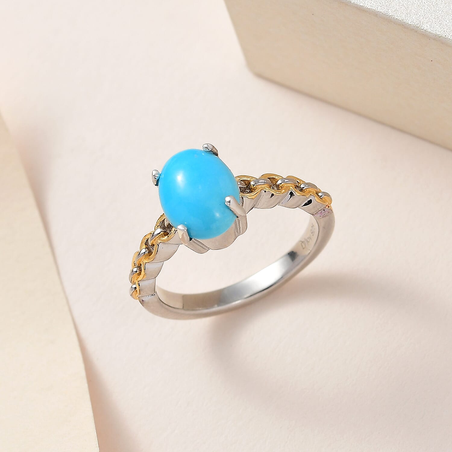 Sleeping Beauty Turquoise Solitaire Ring in Vermeil Yellow Gold and Platinum Over Sterling Silver (Size 10.0) 1.50 ctw