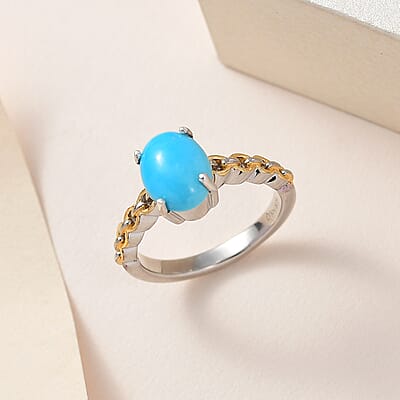 Sleeping Beauty Turquoise Solitaire Ring in Vermeil Yellow Gold and Platinum Over Sterling Silver (Size 10.0) 1.50 ctw
