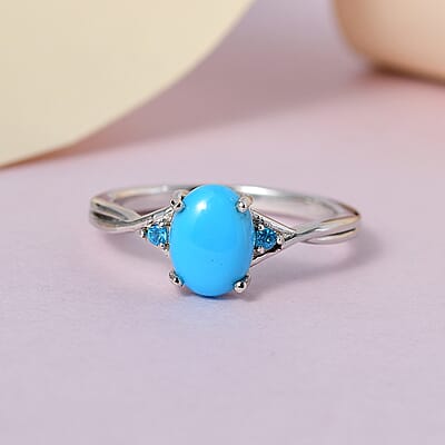 Sleeping Beauty Turquoise and Malgache Neon Apatite Ring in Platinum Over Sterling Silver (Size 10.0) 1.10 ctw