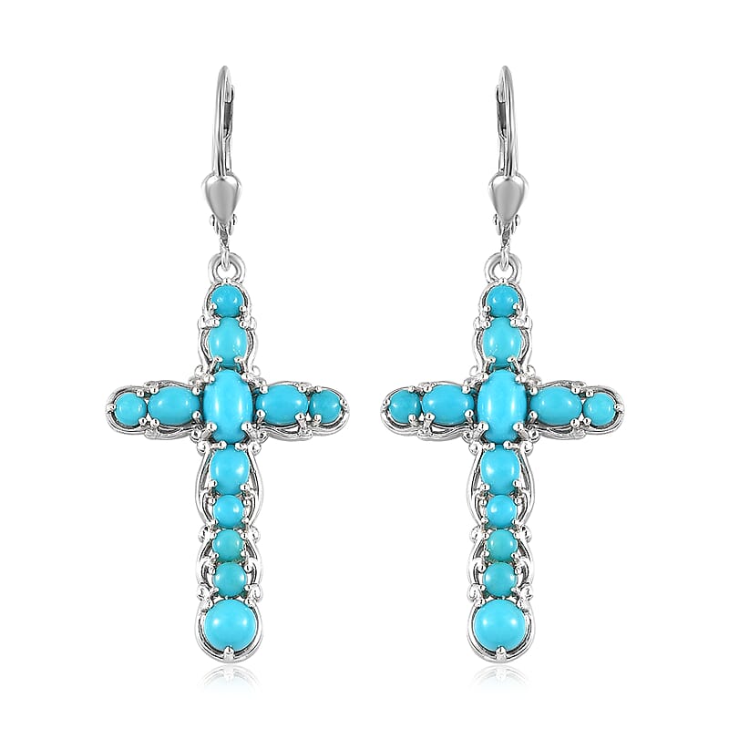 Sleeping Beauty Turquoise Cross Earrings in Platinum Over Sterling Silver 3.85 ctw