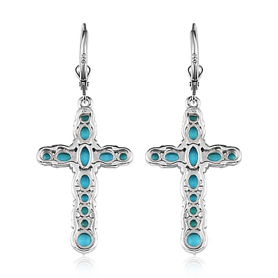 Sleeping Beauty Turquoise Cross Earrings in Platinum Over Sterling Silver 3.85 ctw