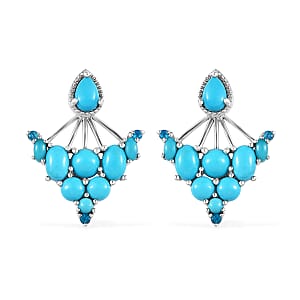 Sleeping Beauty Turquoise and Malgache Neon Apatite 2 Way Wearable Earrings in Platinum Over Sterling Silver 5.65 ctw
