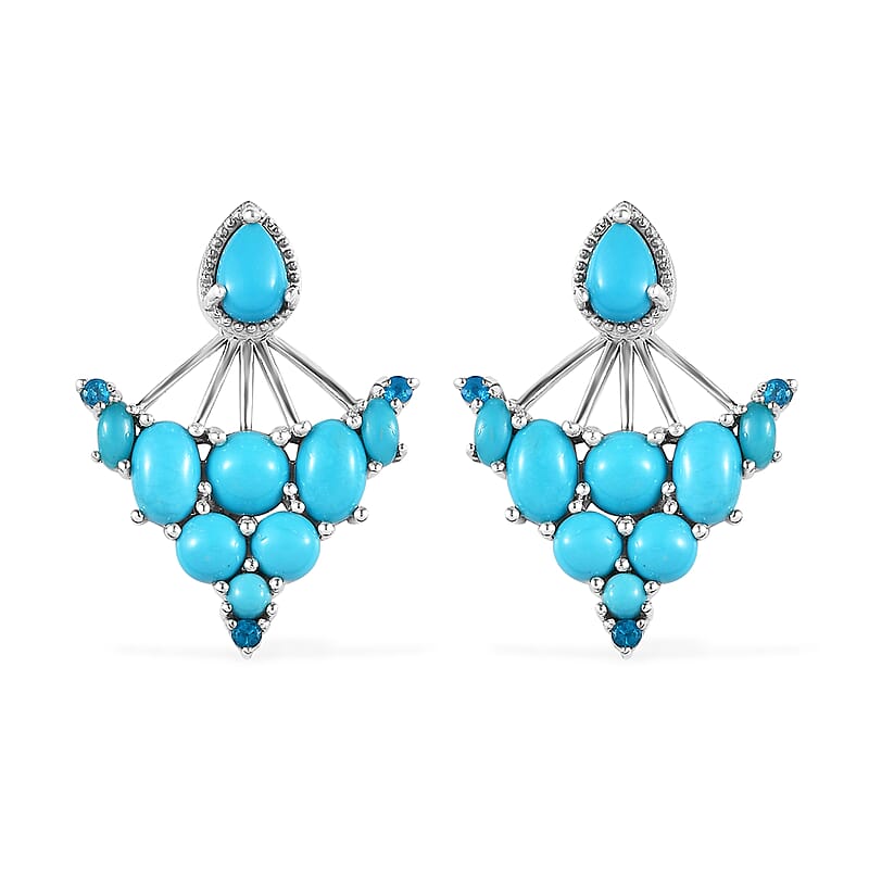 Sleeping Beauty Turquoise and Malgache Neon Apatite 2 Way Wearable Earrings in Platinum Over Sterling Silver 5.65 ctw
