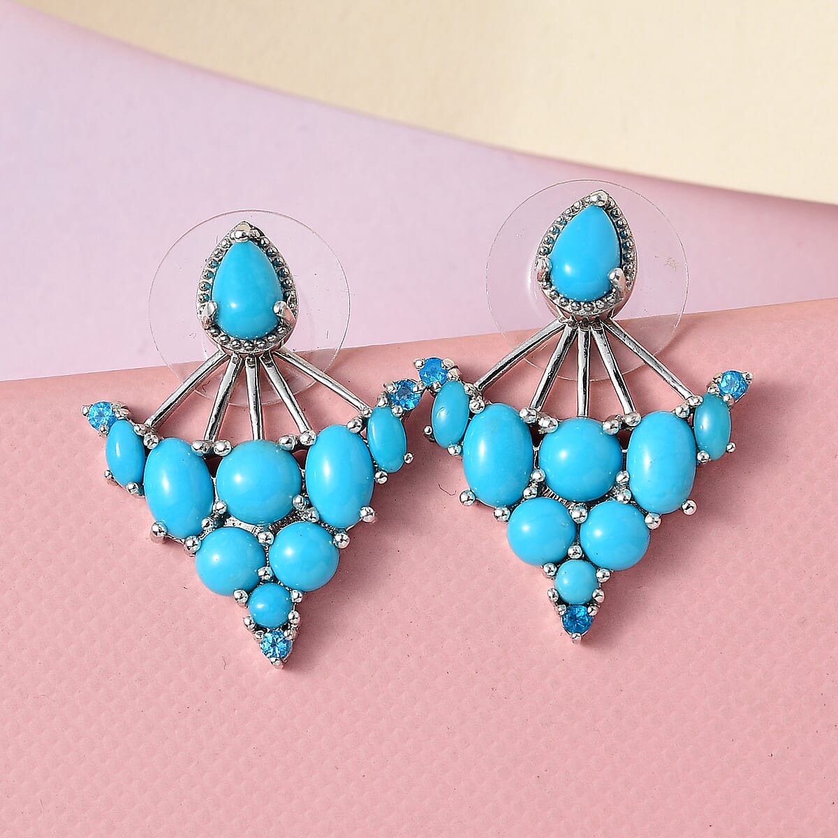 Sleeping Beauty Turquoise and Malgache Neon Apatite 2 Way Wearable Earrings in Platinum Over Sterling Silver 5.65 ctw image number 1