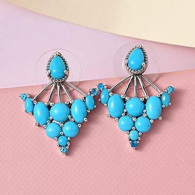 Sleeping Beauty Turquoise and Malgache Neon Apatite 2 Way Wearable Earrings in Platinum Over Sterling Silver 5.65 ctw