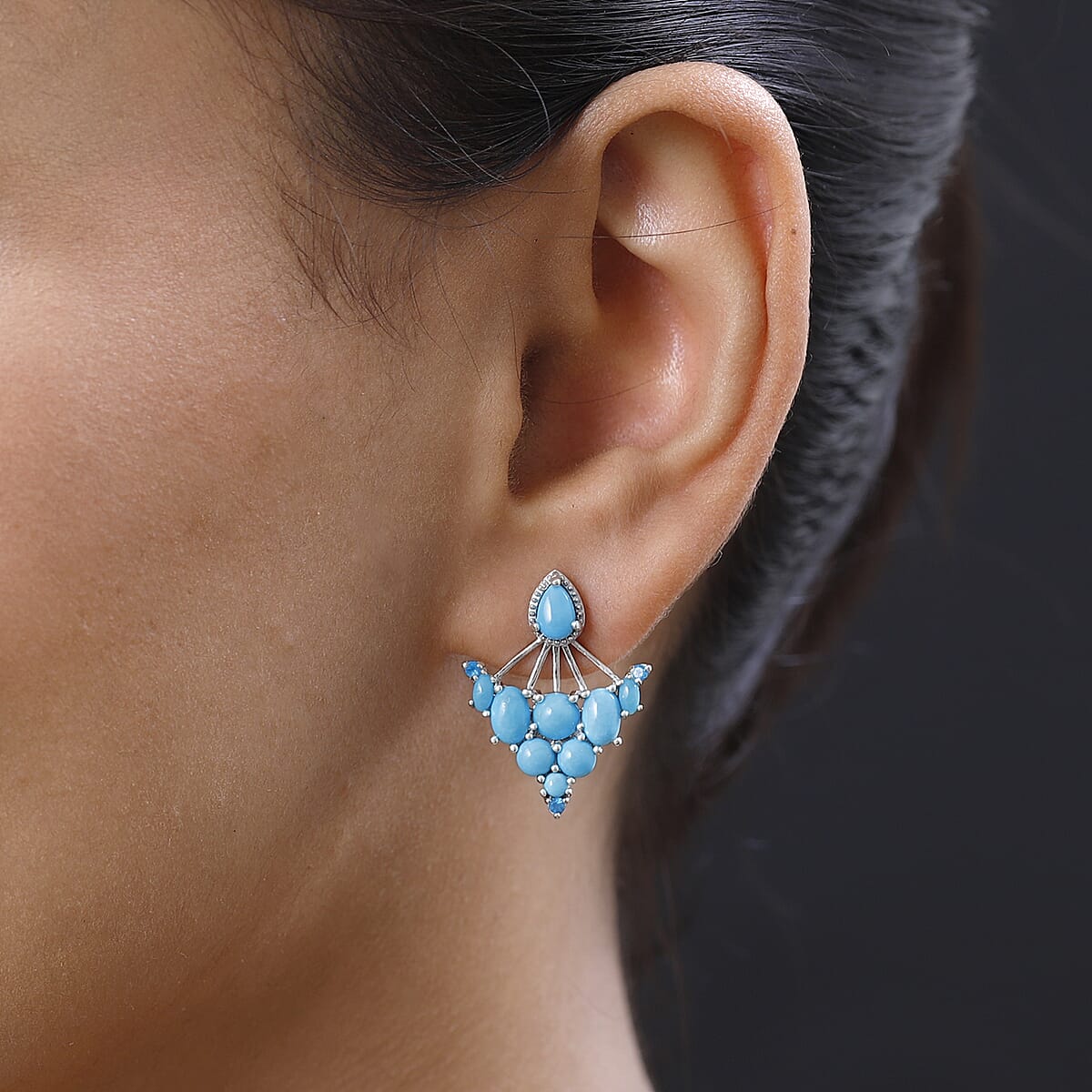 Sleeping Beauty Turquoise and Malgache Neon Apatite 2 Way Wearable Earrings in Platinum Over Sterling Silver 5.65 ctw image number 2
