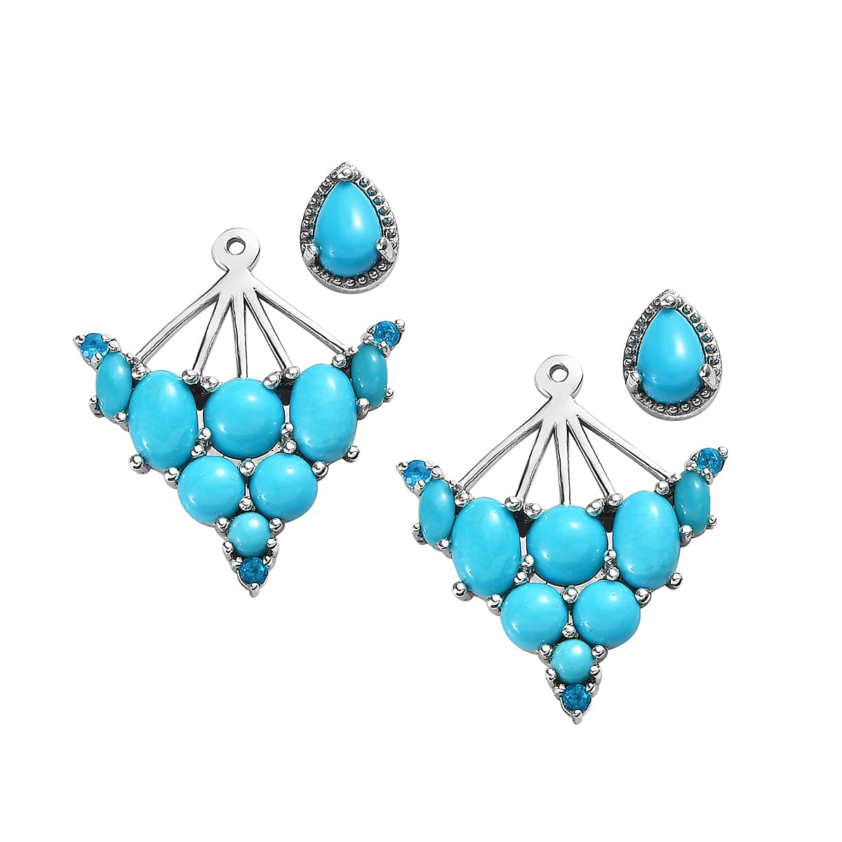 Sleeping Beauty Turquoise and Malgache Neon Apatite 2 Way Wearable Earrings in Platinum Over Sterling Silver 5.65 ctw image number 3