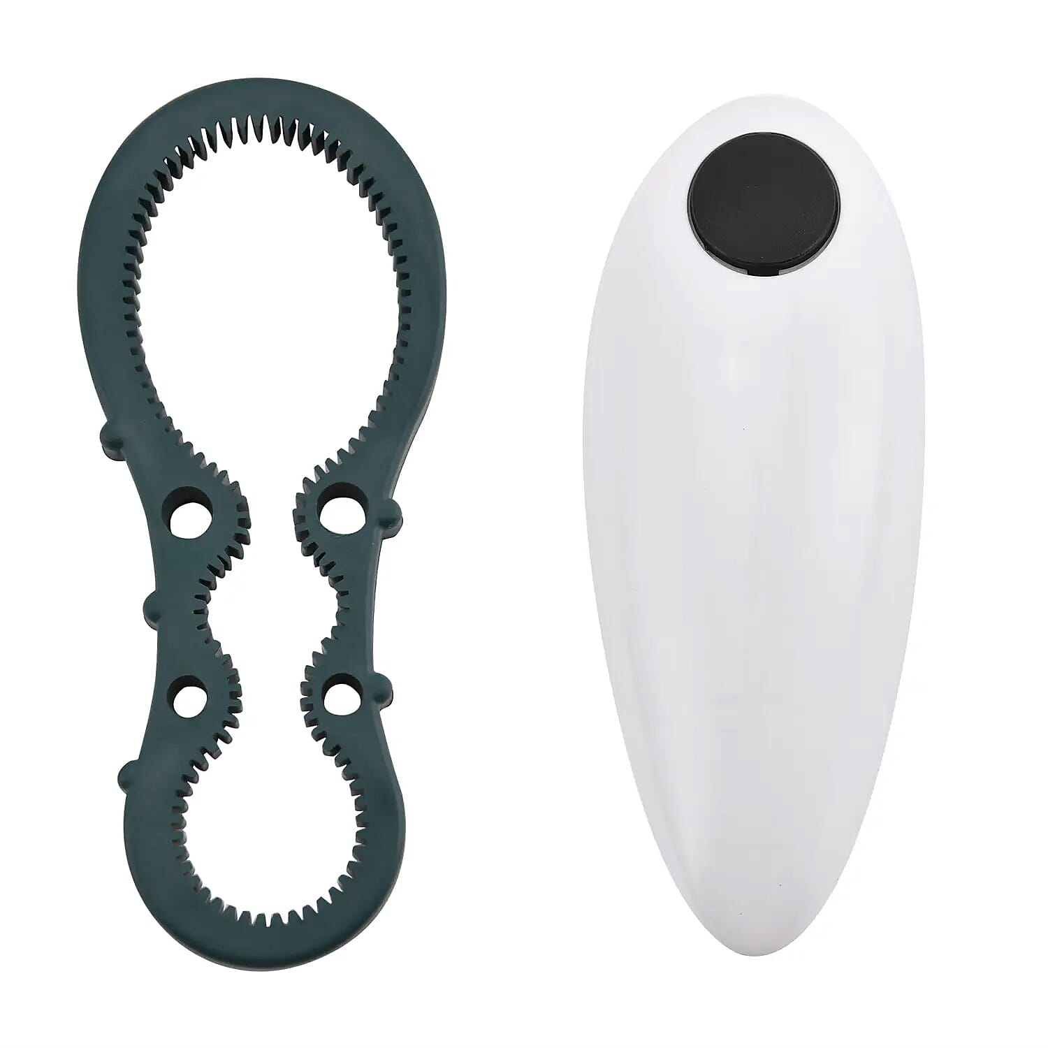 White, Black and Green Electric Can Opener with Manual Jar Opener