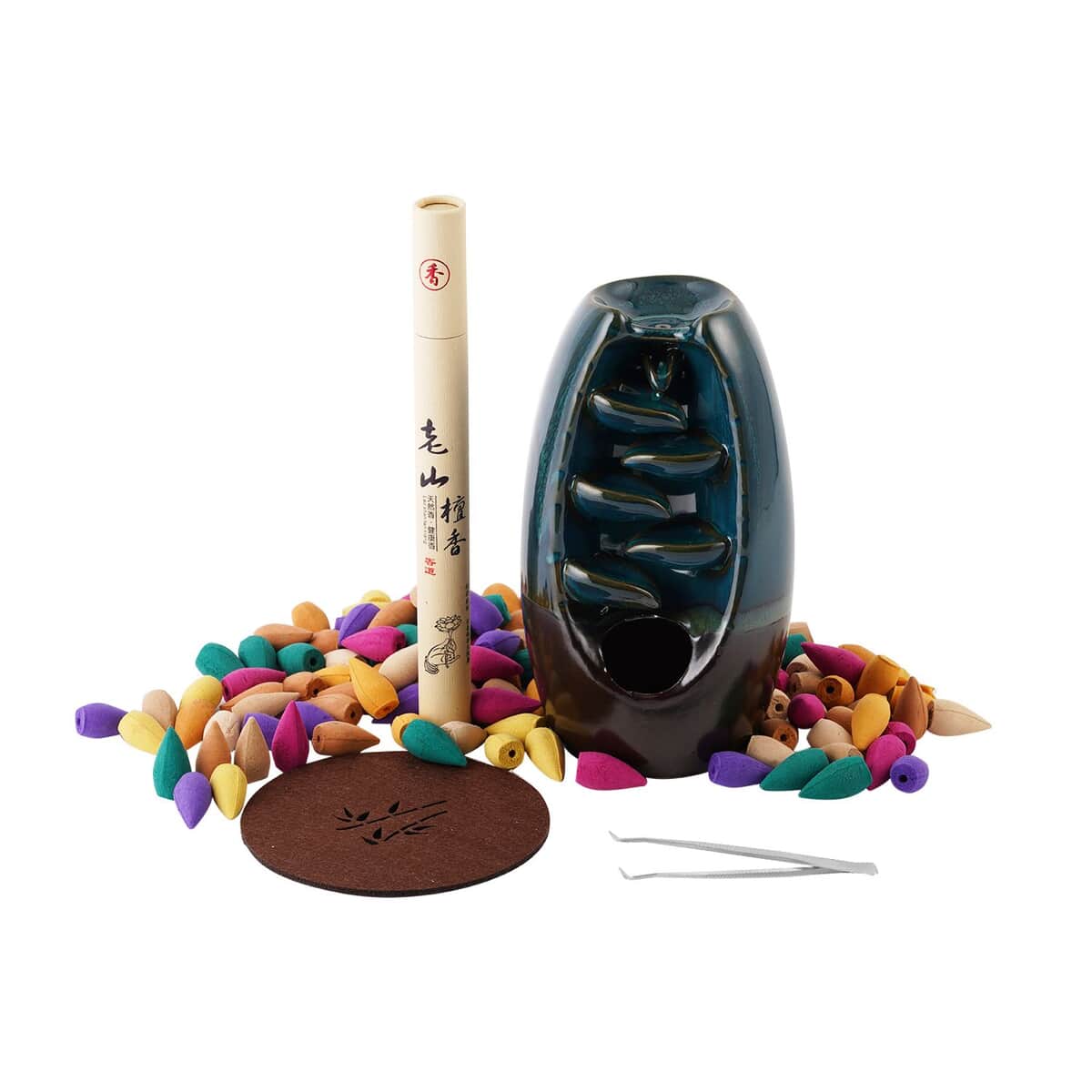 Blue Ceramic Backflow Incense Holder Incense Burner Waterfall with 60 Backflow Incense Cones, 30 Incense Stick, 1p Tweezer and Base (3.93"x3.93"x7.87") image number 0