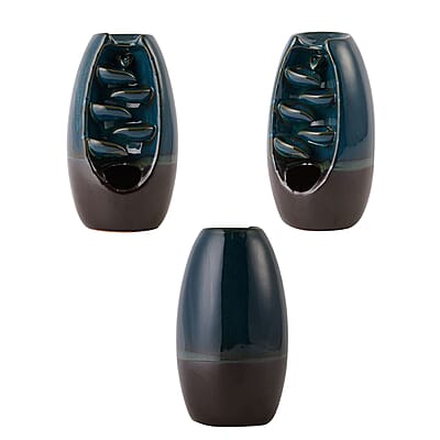 Blue Ceramic Backflow Incense Holder Incense Burner Waterfall with 60 Backflow Incense Cones, 30 Incense Stick, 1p Tweezer and Base
