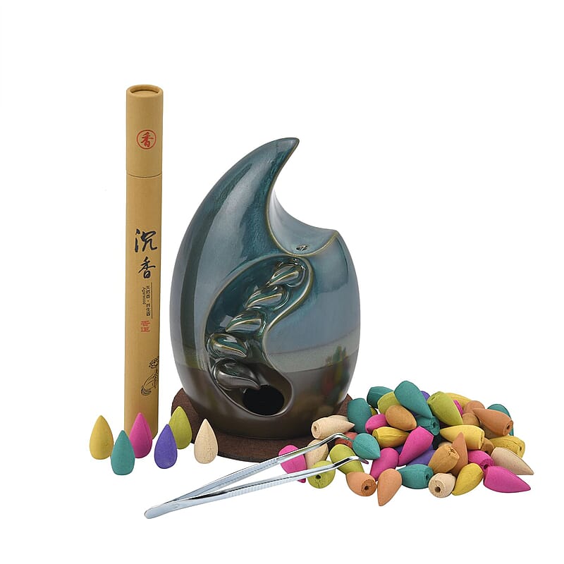 Blue Ceramic Backflow Incense Holder Incense Burner Waterfall with 60 Backflow Incense Cones, 30 Incense Stick, 1p Tweezer and Base