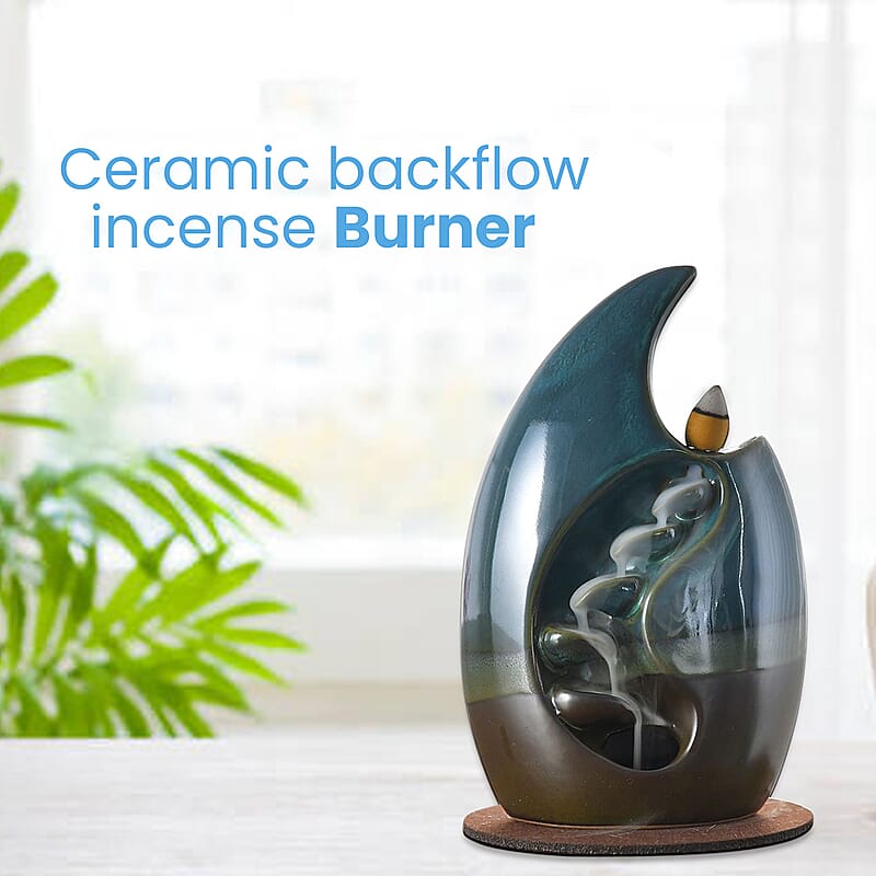 Blue Ceramic Backflow Incense Holder Incense Burner Waterfall with 60 Backflow Incense Cones, 30 Incense Stick, 1p Tweezer and Base