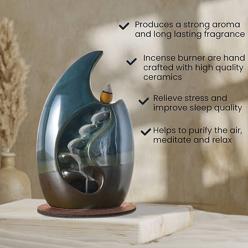 Blue Ceramic Backflow Incense Holder Incense Burner Waterfall with 60 Backflow Incense Cones, 30 Incense Stick, 1p Tweezer and Base