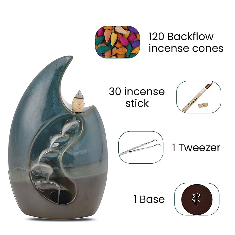 Blue Ceramic Backflow Incense Holder Incense Burner Waterfall with 60 Backflow Incense Cones, 30 Incense Stick, 1p Tweezer and Base