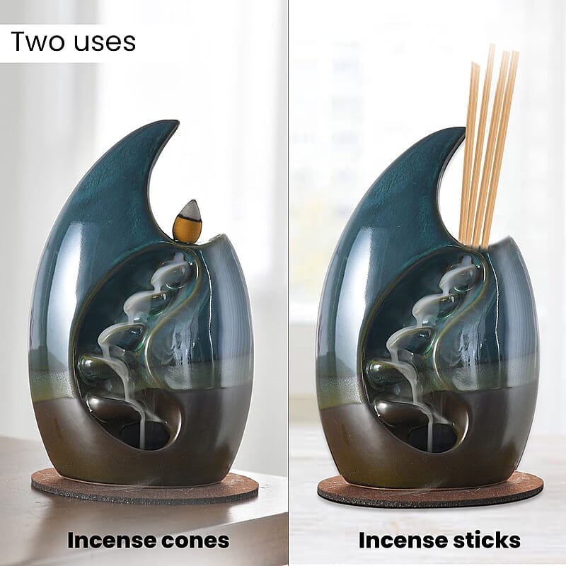 Blue Ceramic Backflow Incense Holder Incense Burner Waterfall with 60 Backflow Incense Cones, 30 Incense Stick, 1p Tweezer and Base