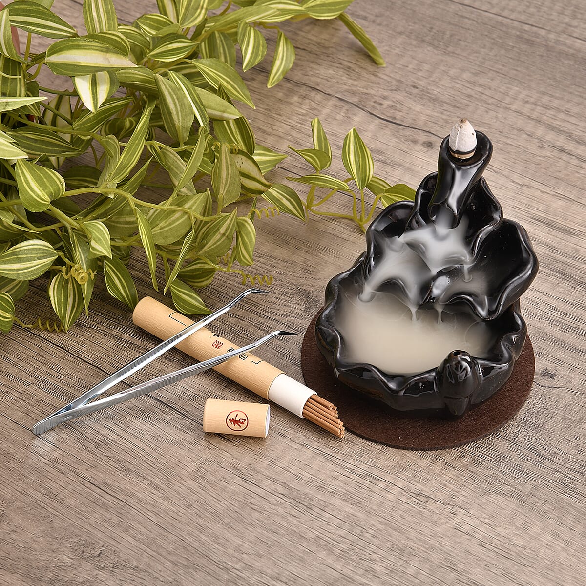 Black Ceramic Backflow Incense Holder Incense Burner Waterfall with 60 Backflow Incense Cones, 30 Incense Stick, 1p Tweezer and Base image number 1