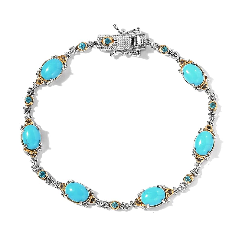 Sleeping Beauty Turquoise and Malgache Neon Apatite Bracelet in Vermeil Yellow Gold and Platinum Over Sterling Silver (7.25 In) 7.75 ctw