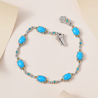 Sleeping Beauty Turquoise and Malgache Neon Apatite Bracelet in Vermeil Yellow Gold and Platinum Over Sterling Silver (7.25 In) 7.75 ctw
