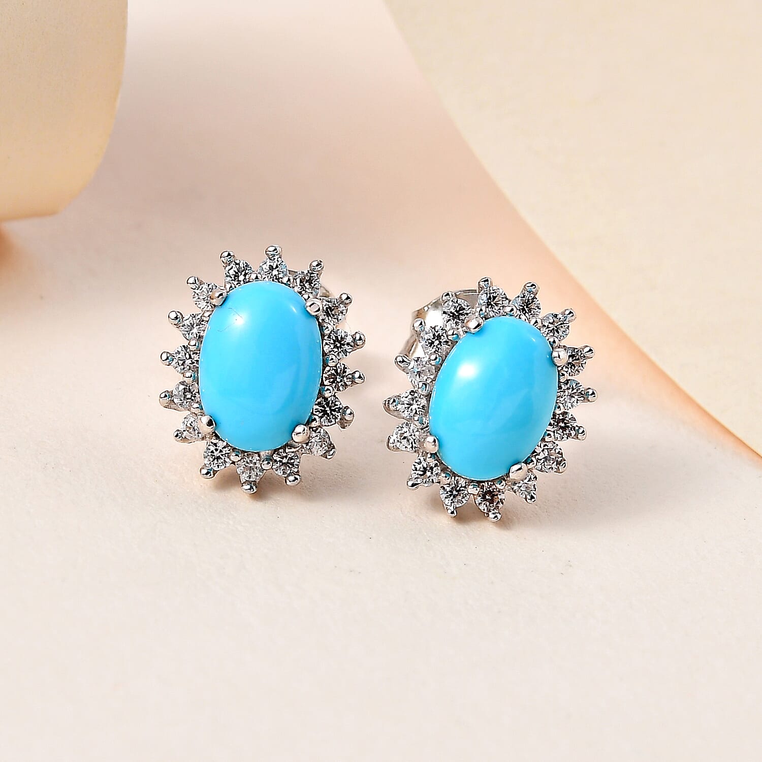 Sleeping Beauty Turquoise and White Zircon 2.40 ctw Earrings in Platinum Over Sterling Silver