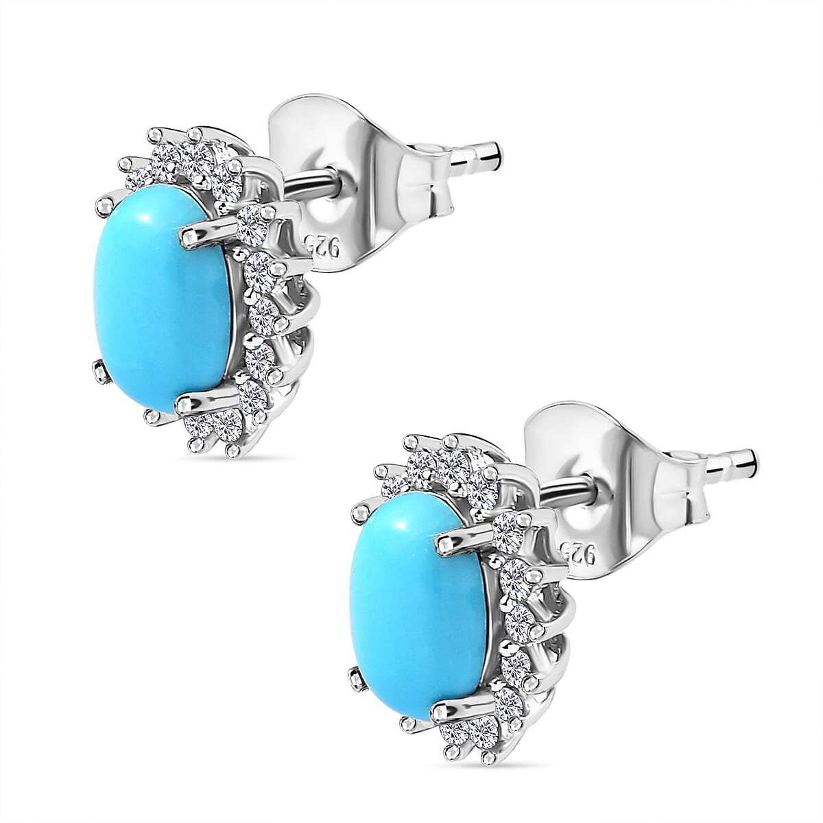 Sleeping Beauty Turquoise and White Zircon 2.40 ctw Earrings in Platinum Over Sterling Silver