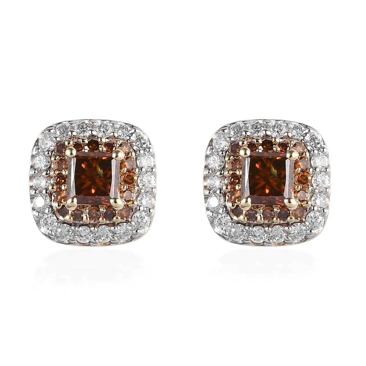 Luxoro 10K Yellow Gold Princess Cut Orange Diamond and White Diamond Halo Stud Earrings 1.00 ctw image number 0