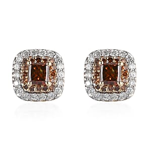 Luxoro 10K Yellow Gold Princess Cut Orange Diamond and White Diamond Halo Stud Earrings 1.00 ctw