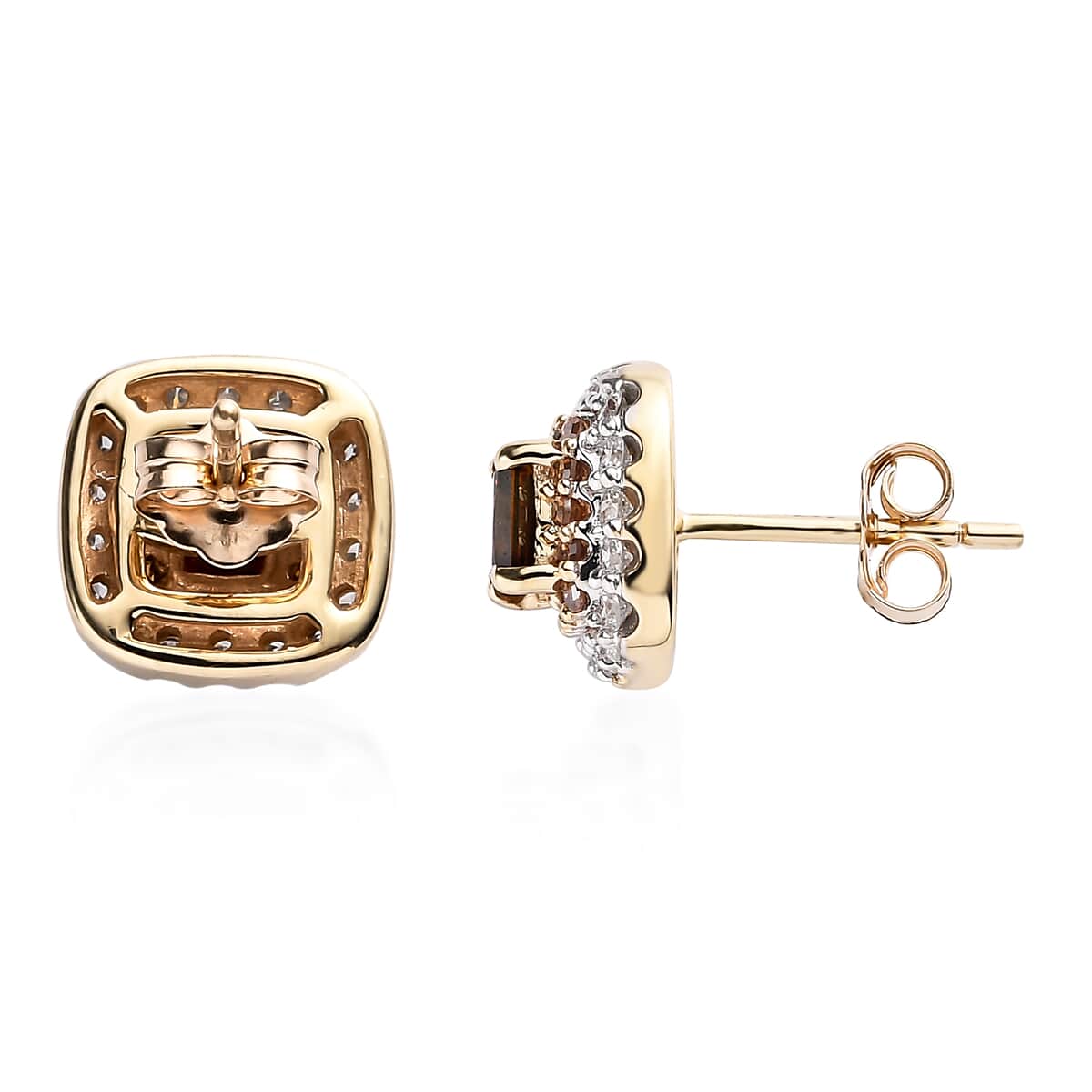 Luxoro 10K Yellow Gold Princess Cut Orange Diamond and White Diamond Halo Stud Earrings 1.00 ctw image number 3