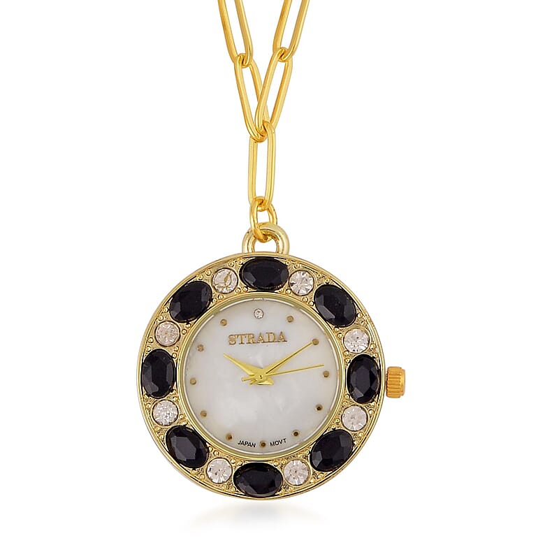 Strada Black and White Austrian Crystal Japanese Movement Pocket or Pendant Watch in Goldtone with Paper Clip ION Plated YG Stainless Steel Chain (31.75 mm) (18- 30 Inches)