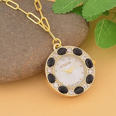 Strada Black and White Austrian Crystal Japanese Movement Pocket or Pendant Watch in Goldtone with Paper Clip ION Plated YG Stainless Steel Chain (31.75 mm) (18- 30 Inches)