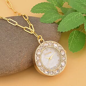 Strada White Austrian Crystal Japanese Movement Pocket or Pendant Watch in Goldtone with Paper Clip ION Plated YG Stainless Steel Chain (31.75 mm) (18- 30 Inches)