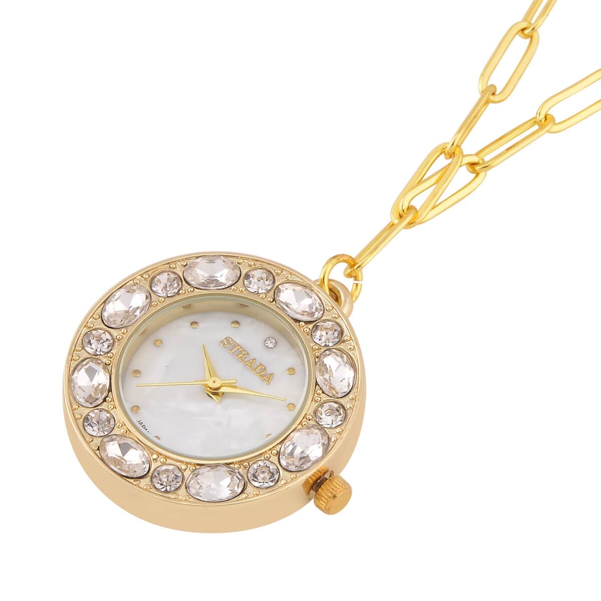 Strada White Austrian Crystal Japanese Movement Pocket or Pendant Watch in Goldtone with Paper Clip ION Plated YG Stainless Steel Chain (31.75 mm) (18- 30 Inches) image number 2