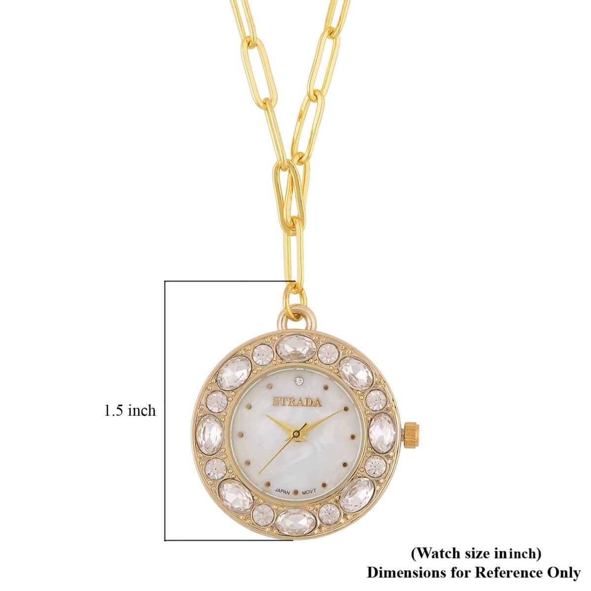 Strada White Austrian Crystal Japanese Movement Pocket or Pendant Watch in Goldtone with Paper Clip ION Plated YG Stainless Steel Chain (31.75 mm) (18- 30 Inches) image number 4