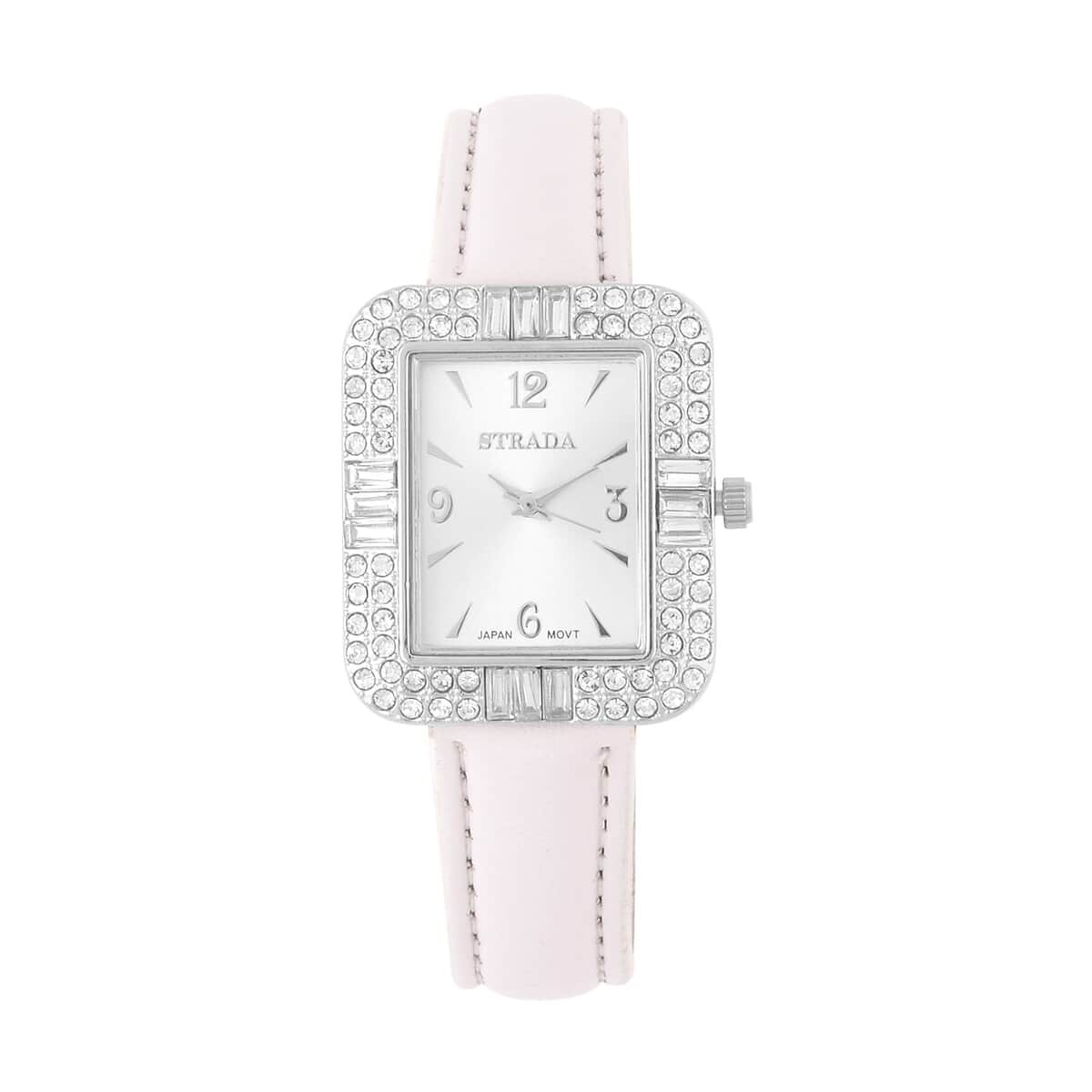 Strada White Austrian Crystal Japanese Movement Watch with White Faux Leather Strap (34mm) (6.5-8In) image number 0