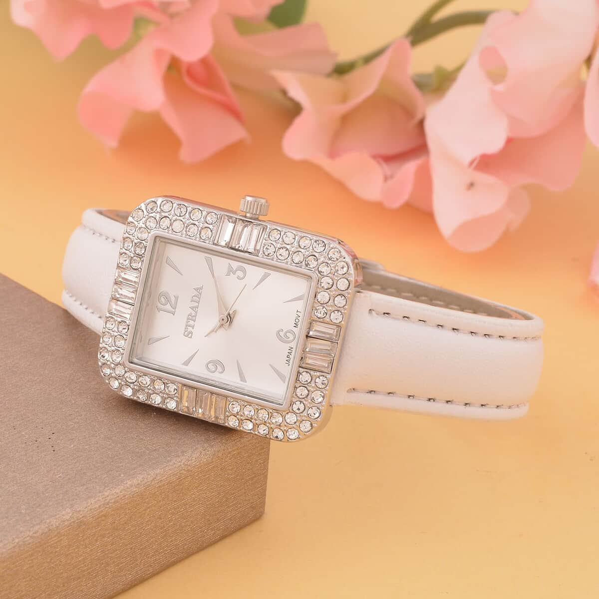 Strada White Austrian Crystal Japanese Movement Watch with White Faux Leather Strap (34mm) (6.5-8In) image number 1