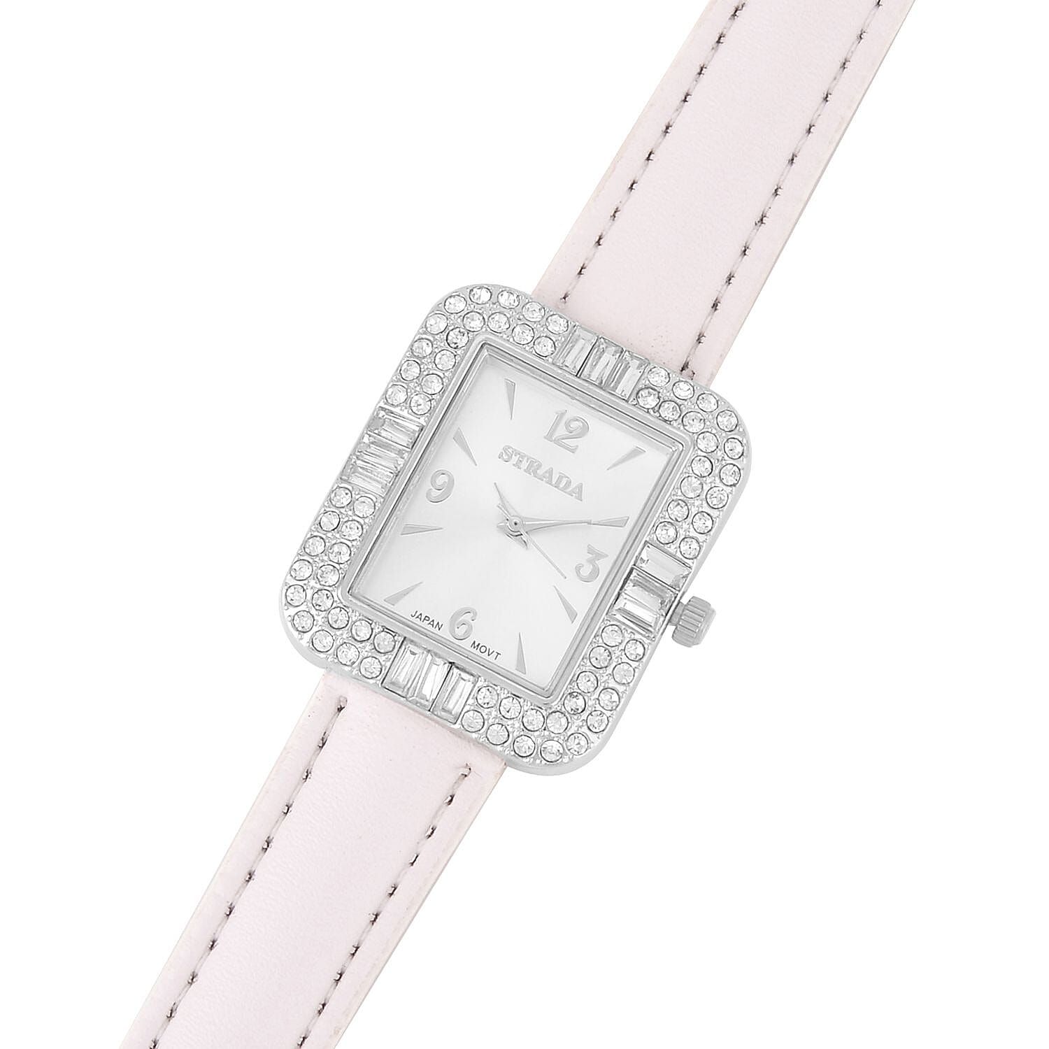 Strada White Austrian Crystal Japanese Movement Watch with White Faux Leather Strap (34mm) (6.5-8In)